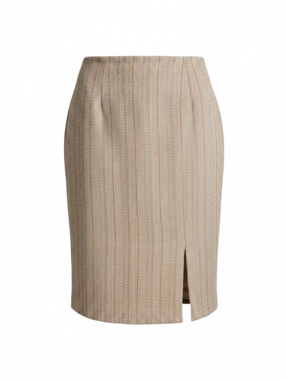 Wool Lined Vintage Beige Pinstripe Pencil Skirt with Front Slit